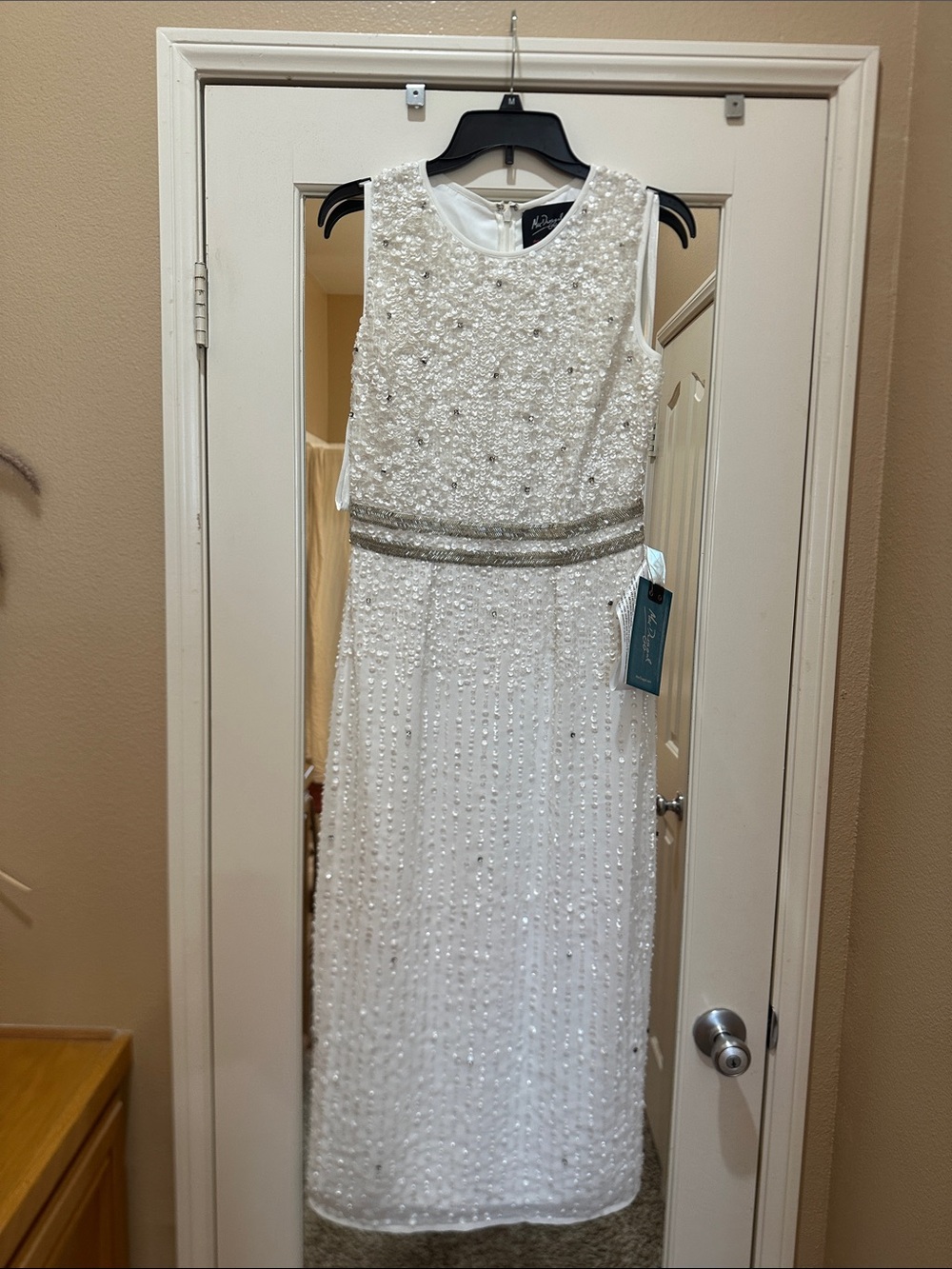 Mac Duggal Beaded White Sleeveless Evening Dress with Metallic Waist